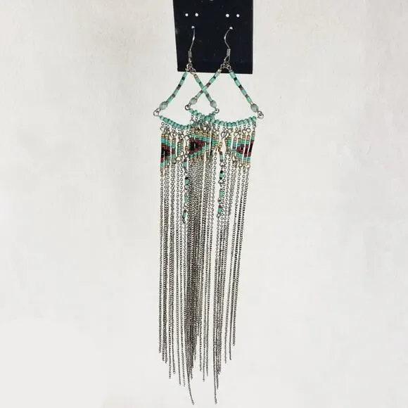 Beaded Earrings Boho Hand Crafted Chain Beads Fringe Long Dangle Turquoise - Picture 4 of 4